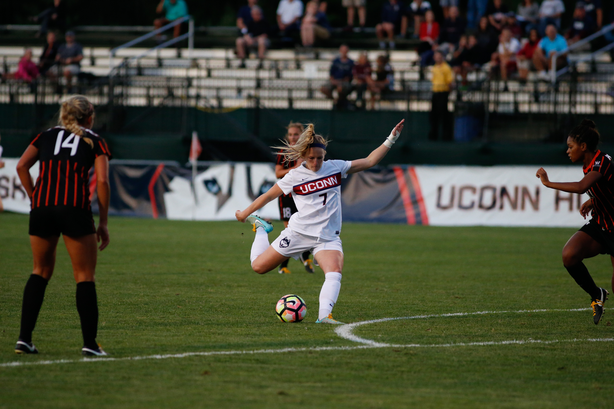 Senior forward Maddie Dam lines up a shot during the Huskies 1-0 victory over Pacific on Saturday, Sept. 2. The Huskies will host Stony Brook at Morrone Stadium on Sunday, Sept. 11. 