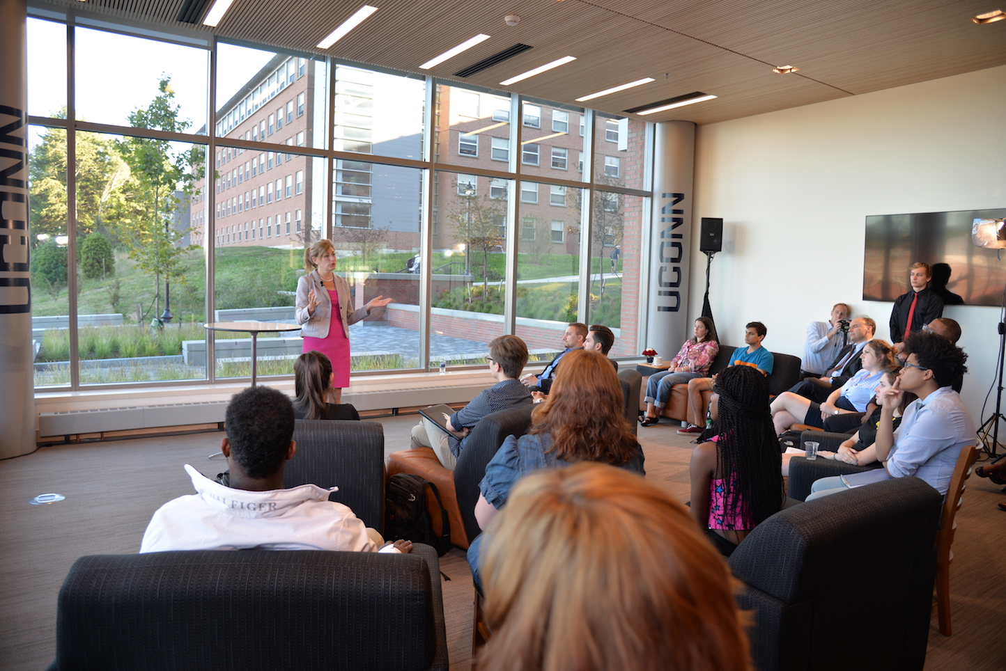 Susan Herbst held an open town hall in the Next Gen Dorm to field questions from the community of Monday evening. (Amar Batra/The Daily Campus)