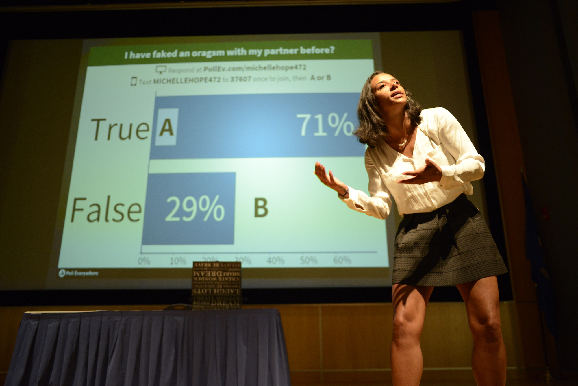 Michelle Hope gives UConn students an engaging presentation about safe sex in the Student Union Ballroom on September 13th 2016. (Jason Jiang/The Daily Campus)