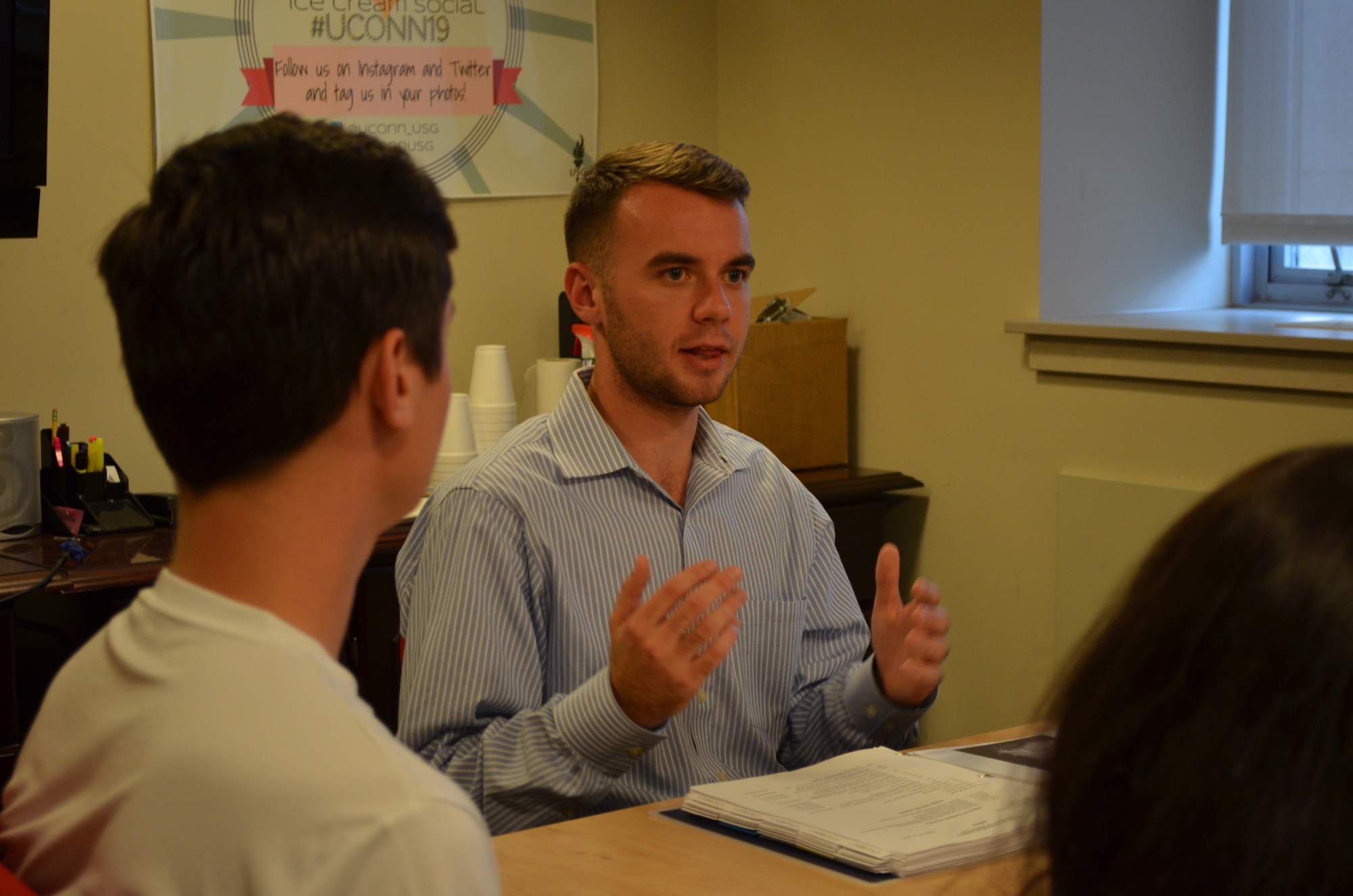 Adam Kuegler held a town hall-style meeting Tuesday night September 27th to hear about student concerns from the University of Connecticut Storrs, Avery Point and Stamford campuses. (Akshara Thejawsi/The Daily Campus)