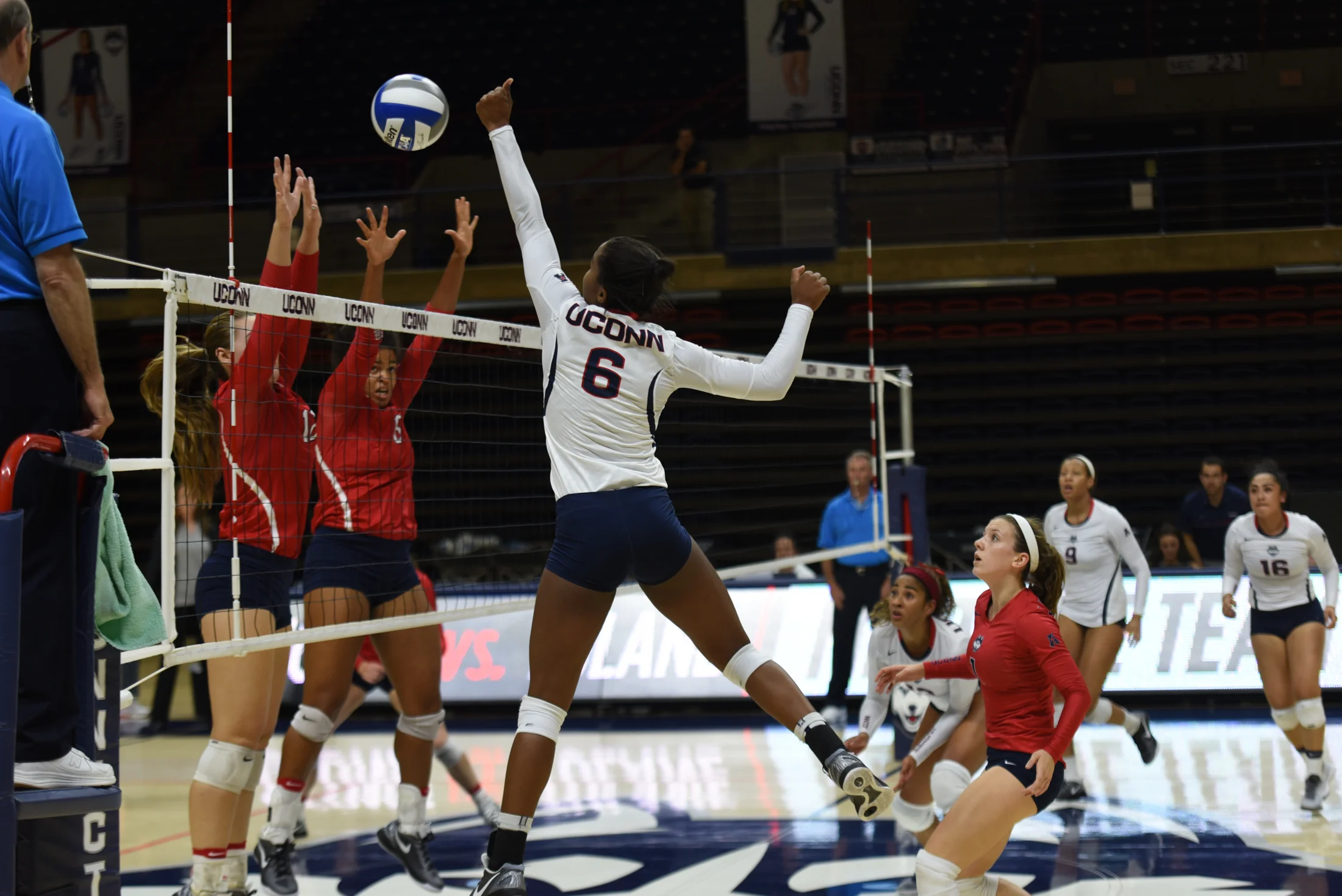 Outside hitter Kayla Williams (6) spikes the ball during UConn's 3-0 set shut-out of the University of Houston on Friday, Sept. 30, 2016. The Huskies continue conference play against Temple on Wednesday, Sept. 28, 2016 in Gampel Pavilion.&nbsp;(Charlotte Lao/The Daily Campus)&nbsp;