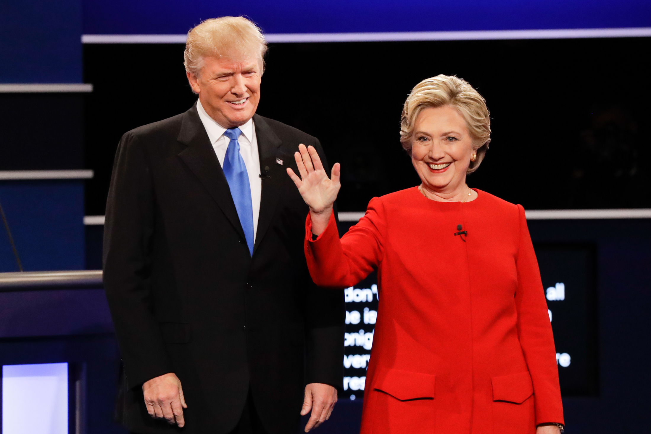 Republican presidential nominee Donald Trump and Democratic presidential nominee Hillary Clinton are introduced during the presidential debate at Hofstra University in Hempstead, N.Y., Monday, Sept. 26, 2016. (David Goldman/AP)