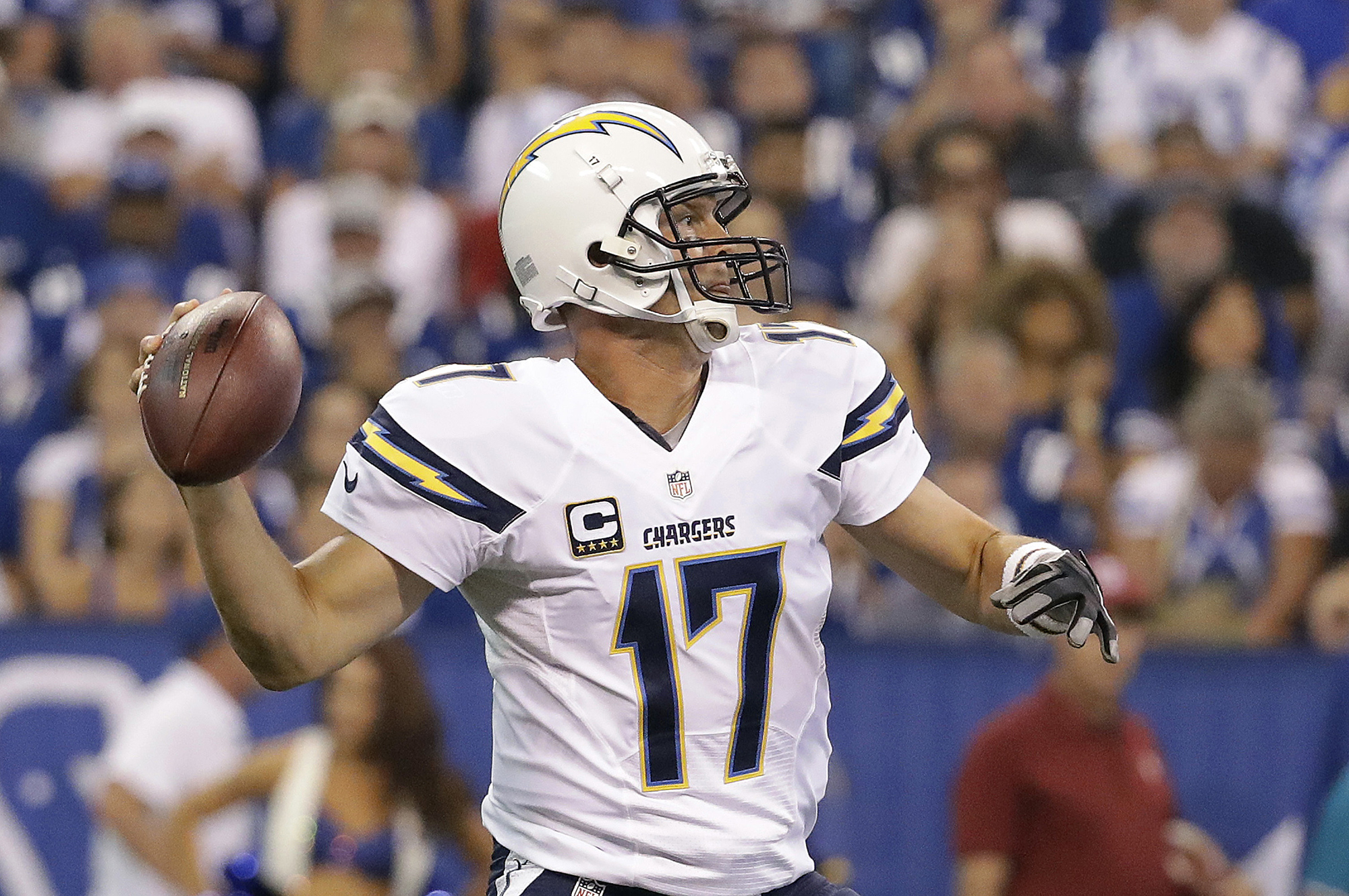San Diego Chargers quarterback Philip Rivers (17) throws during the first half of an NFL football game against the Indianapolis Colts, Sunday, Sept. 25, 2016, in Indianapolis. (AP Photo/Jeff Roberson)