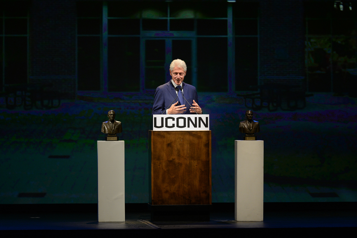 Former president Bill Clinton speaks prior to being awarded the Thomas J. Dodd Prize in International Justice and Human Rights at the Jorgensen Center for the Performing Arts in Storrs, Connecticut on Thursday, Oct. 15, 2015. (File Photo/The Daily Campus)