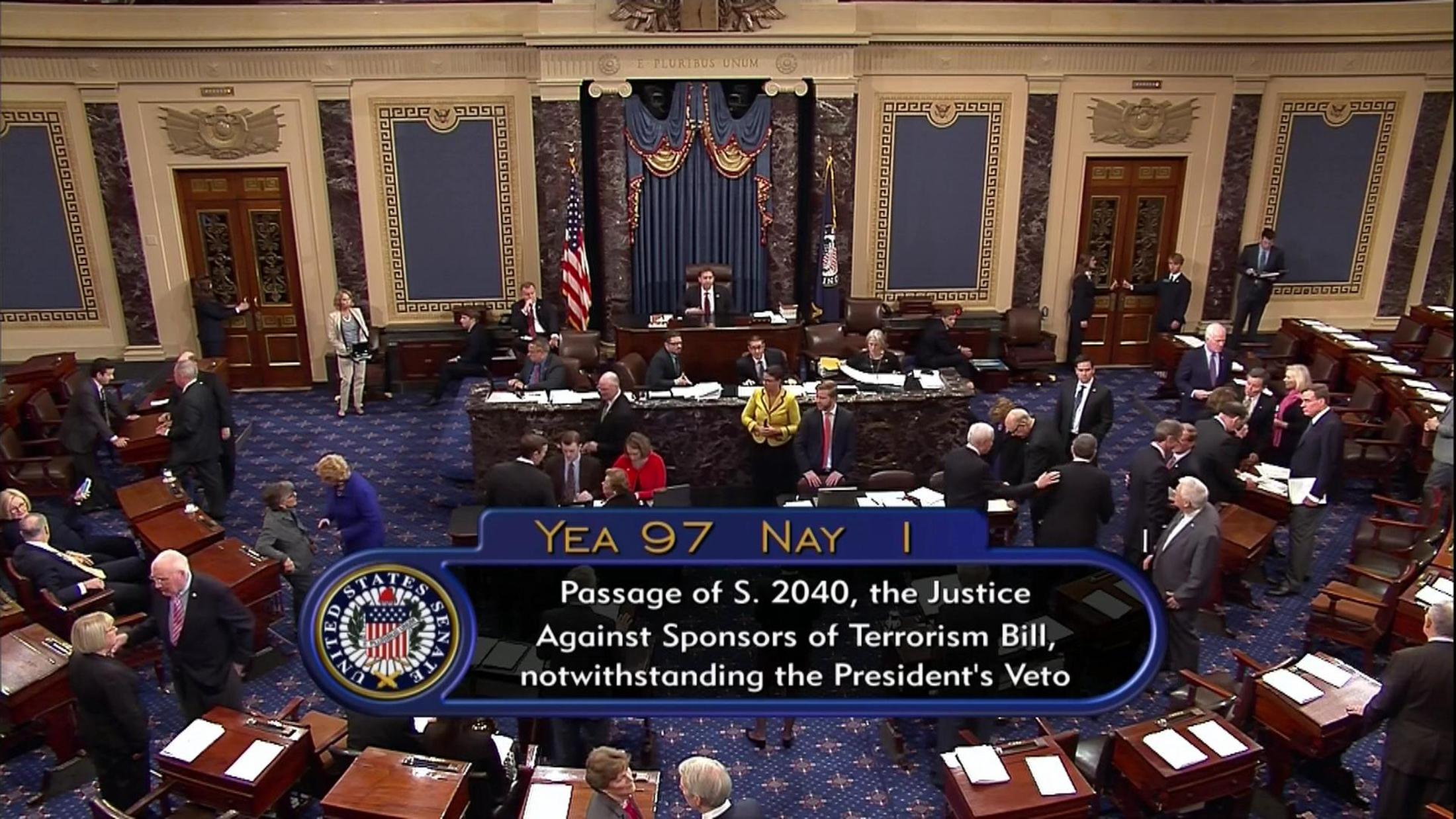 This frame grab from video provided by C-SPAN2, shows the floor of the Senate on Capitol Hill in Washington, Wednesday, Sept. 28, 2016, as the Senate acted decisively to override President Barack Obama's veto of Sept. 11 legislation. (C-SPAN2/AP)