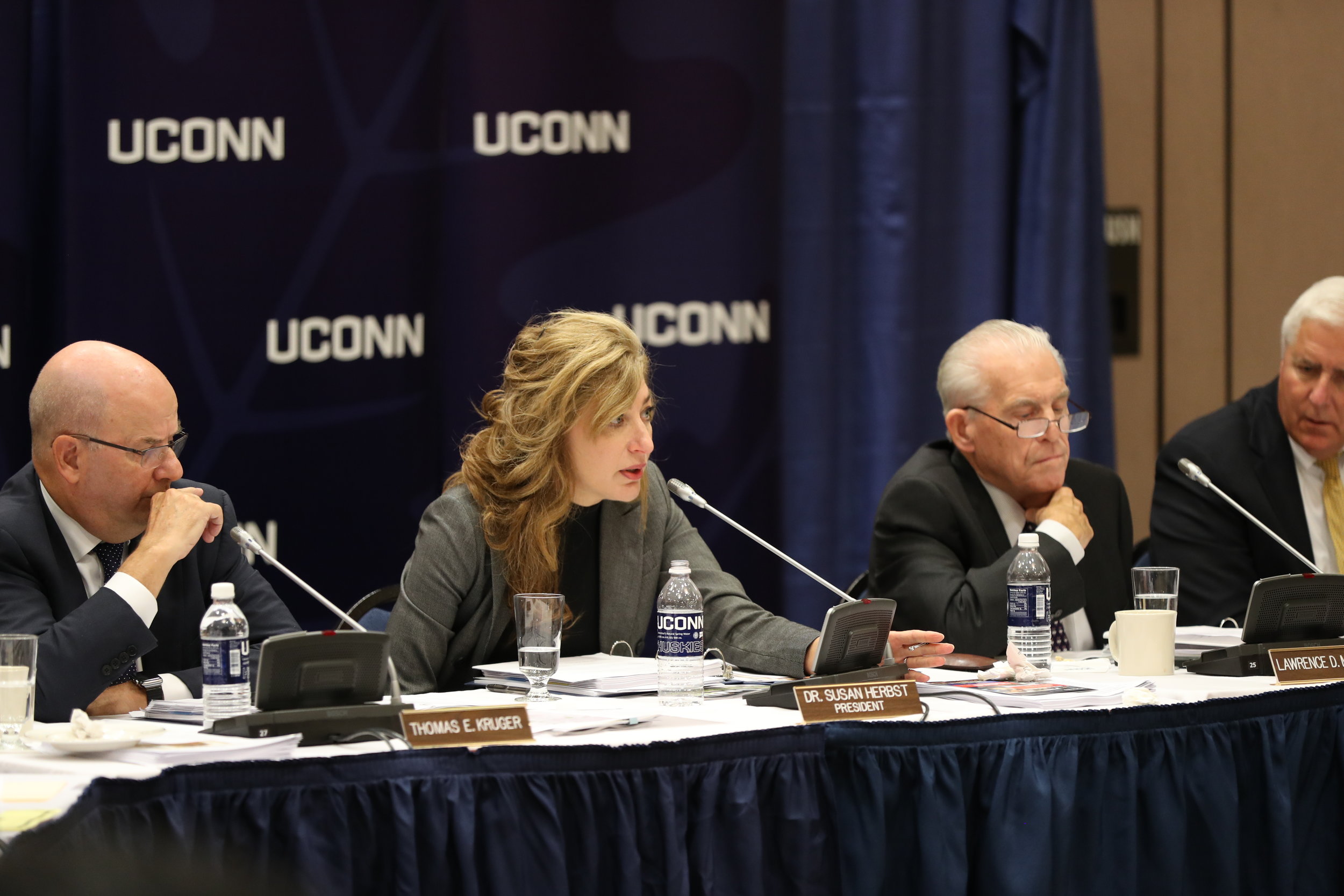 The University of Connecticut Board of Trustees hold their board meeting with President Herbst as well as many other administrators and faculty. They discussed various topics ranging from the closure of an art gallery on the Avery Point campus to petitions that hope to prevent the demolition of the historic houses on Faculty Row. (Owen Bonaventura/The Daily Campus)