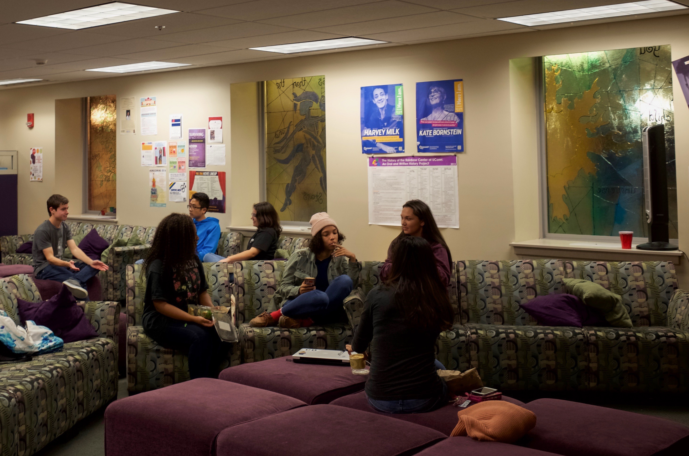 Students in the Rainbow Center discuss "The Out List" following a screening of the documentary as part of the rainbow cinema series on Thursday, Sept. 30, 2016. (Mingze Geng/The Daily Campus) 