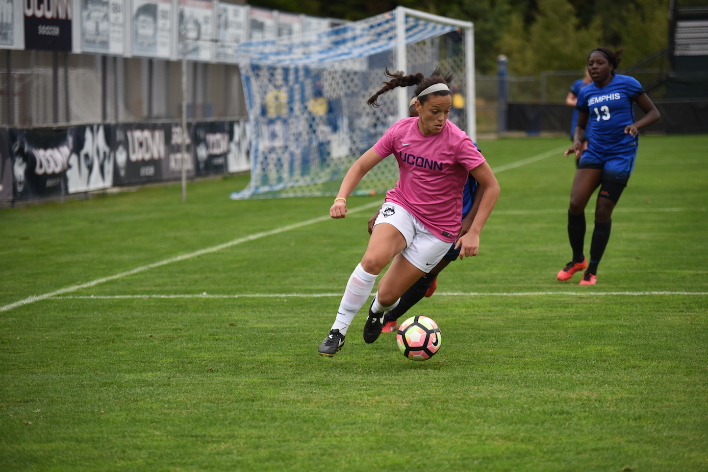 Stephanie Ribeiro (#18) battles for possession in UConn's 4-0 win over Memphis on Oct. 4, 2016 at Joseph J. Morrone Stadium. The Huskies beat Houston 1-0 on Sunday, Oct. 9, 2016.