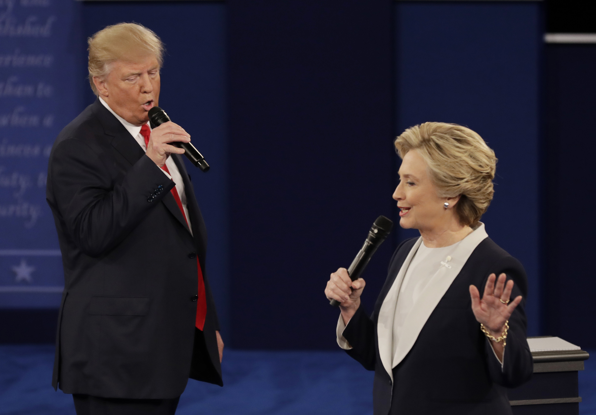 In this Sunday, Oct. 9, 2016, file photo, Republican presidential nominee Donald Trump and Democratic presidential nominee Hillary Clinton speak during the second presidential debate at Washington University in St. Louis. (Patrick Semansky, File/AP)