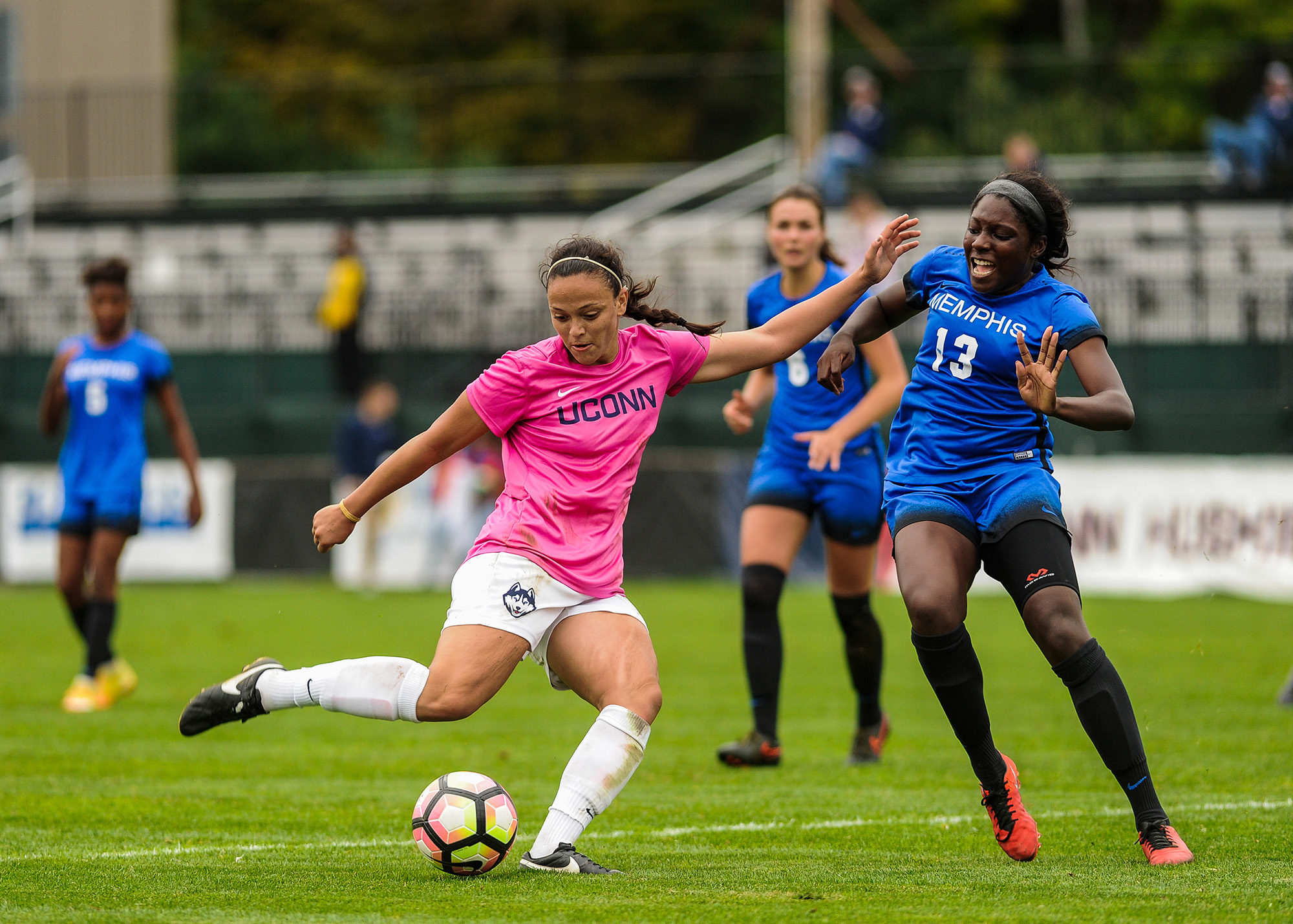 The women's soccer team defeats Memphis 4-1 on Sunday, October 2, 2016. The Huskies, led by redshirt senior Stephanie Ribeiro, are currently on a seven-game unbeaten run. Ribeiro is the nation's leading scorer in game winning goals with seven and is amongst the top scorers in the country with 12.(Jason Jiang/ The Daily Campus)