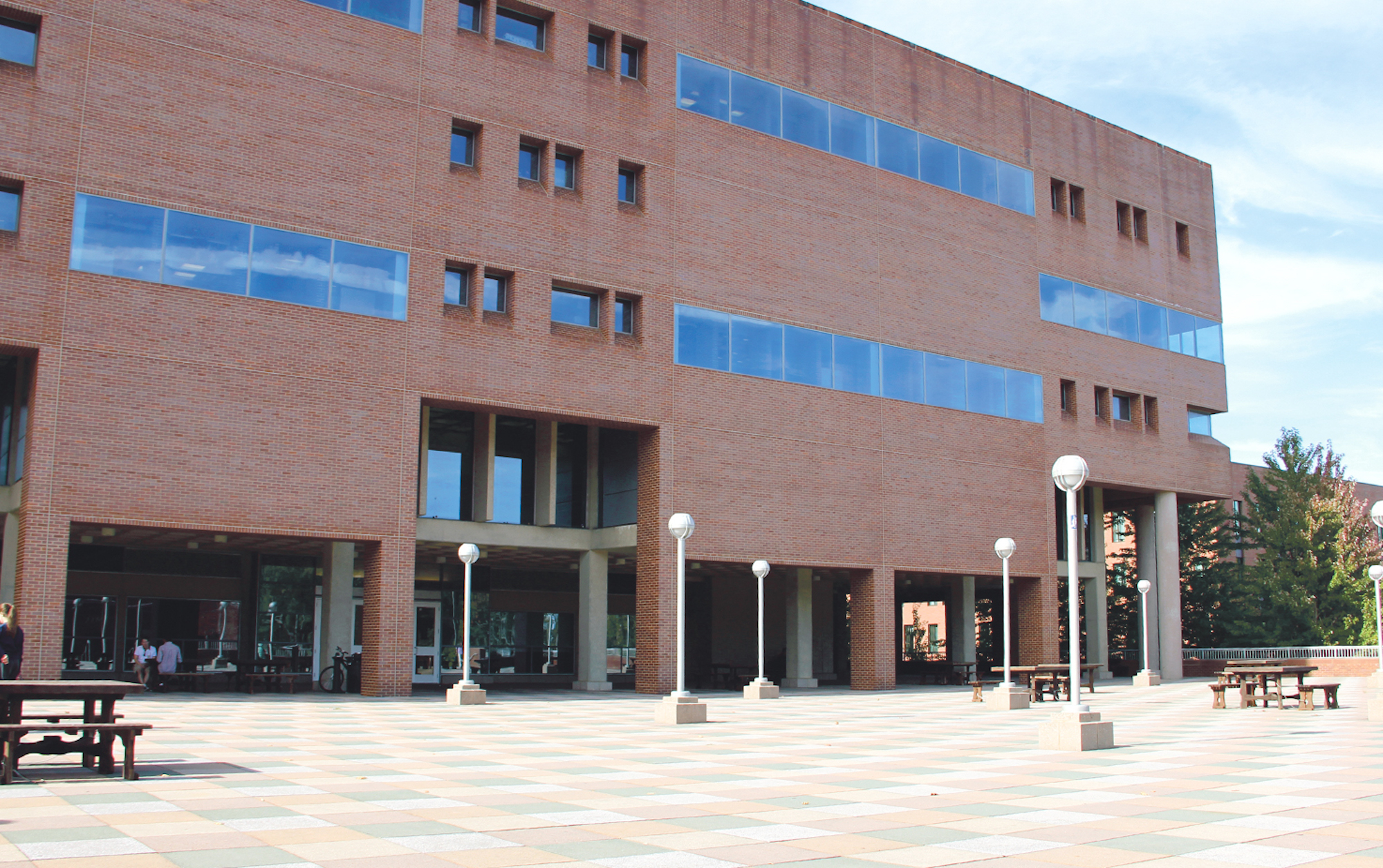 The back of Homer Babbidge Library features an outdoor seating area. A 5-year renovation to the library will bring substantial changes. (File photo/The Daily Campus)