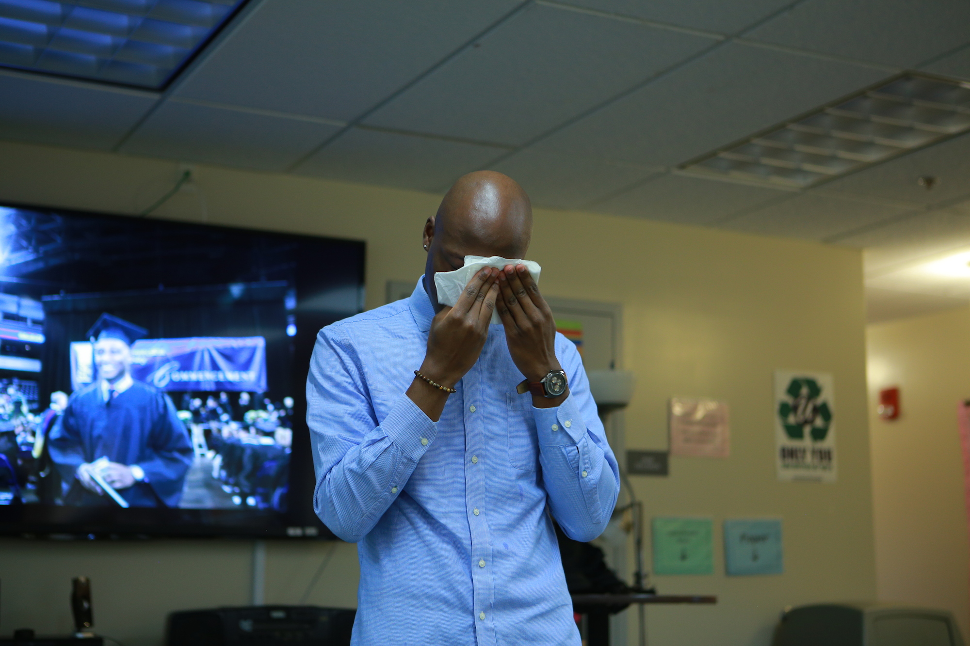 Daniel Trust shared his heartfelt journey through the genocide and coming out as gay. During the lecture, he began to cry with emotion. He answered the questions from students and gave hugs to everyone after lecture. (Junbo Huang/The Daily Campus)