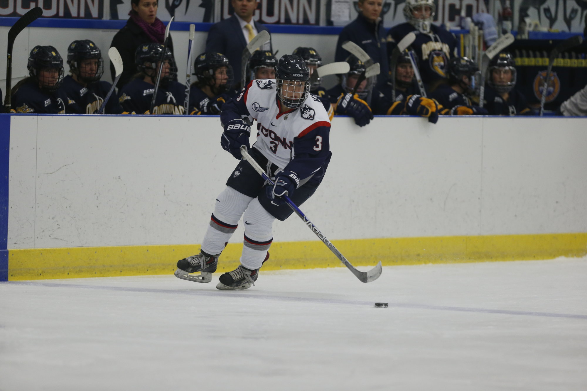 The Huskies played Quinnipiac University on Friday evening and lost 0-3. The Huskies struggled to get shots on goal from the beginning. They look to improve their record this weekend when they host Penn State. (Tyler Benton/ The Daily Campus)
