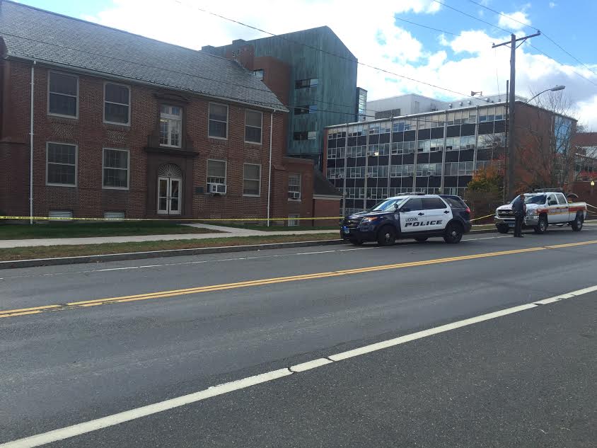 Powerlines went down by TLS at approximately 10:40 a.m. on Monday, Oct. 24, 2016, causing a circuit to fail, UConn spokesperson Stephanie Reitz said. Classes are cancelled across campus in a list included below. (Owen Bonaventura/The Daily Campus)