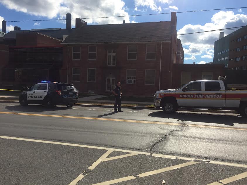 Powerlines went down by TLS at approximately 10:40 a.m. on Monday, Oct. 24, 2016, causing a circuit to fail, UConn spokesperson Stephanie Reitz said. Classes are cancelled across campus in a list included below. (Owen Bonaventura/The Daily Campus)