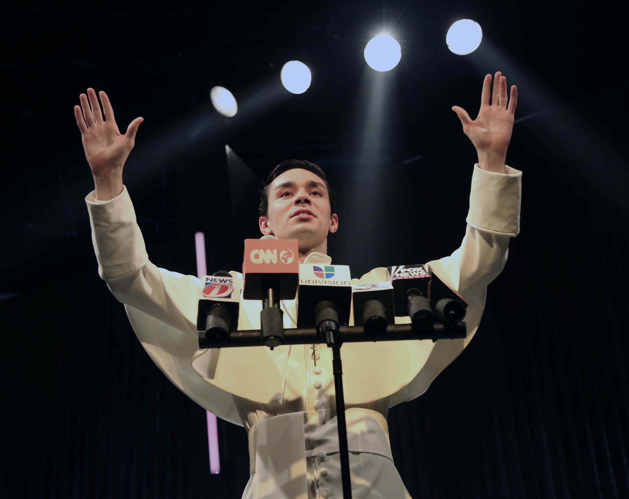 Aidan Marchetti performs as Pope Felipe in "Nuevo California" by Bernardo Solano and Allan Havis onstage in Connecticut Repertory Theatre’s Studio Theatre Oct. 27 through Nov. 6, 2016. (Gerry Goodstein/Connecticut Repertory Theatre)