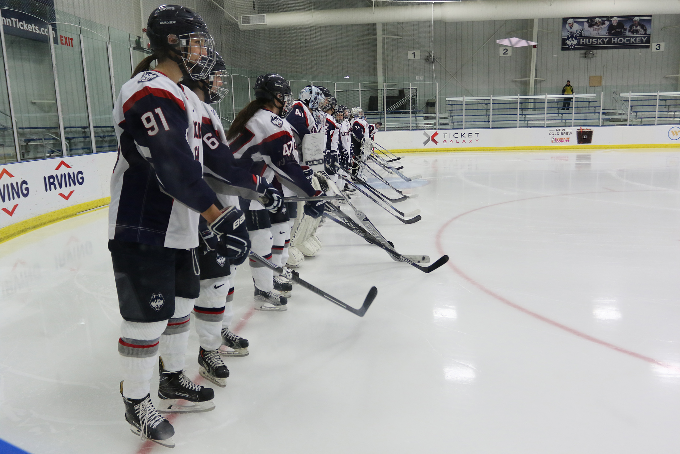 Huskies lined up before their game on Saturday, Oct. 22 against Pennsylvania State University. The ladies lost 3-0 at home to a veteran Boston College team this weekend. (Ruohan Li/The Daily Campus)
