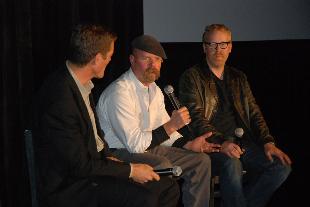 Jamie Hyneman (left) and Adam Savage (right) from Discovery Channel's "MythBusters," pictured here in San Francisco in 2006, came to UConn Friday, Nov. 4 to discuss science, television production, and their long-running show. Savage and Hyneman took questions from the moderator, TJ McKenna, and the audience. (Rob Lee/Flickr Creative Commons) 