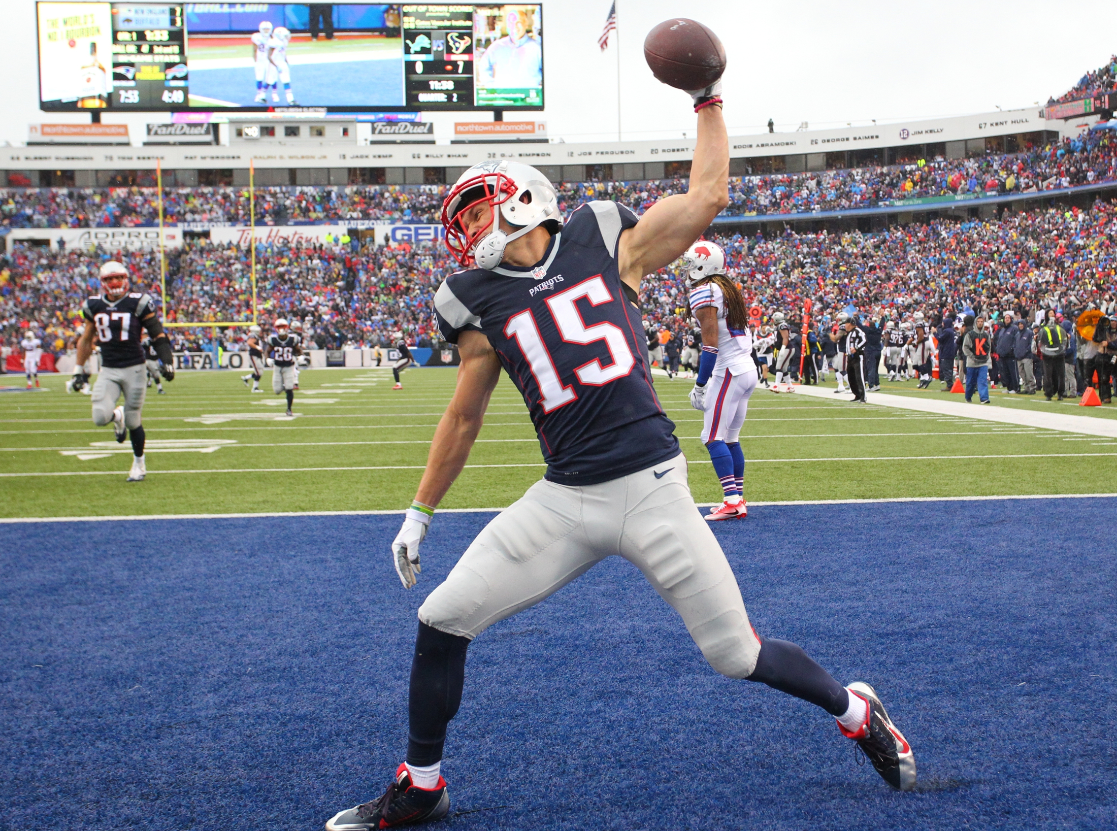 New England Patriots' Chris Hogan (15) celebrates after scoring a touchdown during the first half of an NFL football game against the Buffalo Bills, in Orchard Park, N.Y. on Oct. 30, 2016. (Bill Wippert/AP)