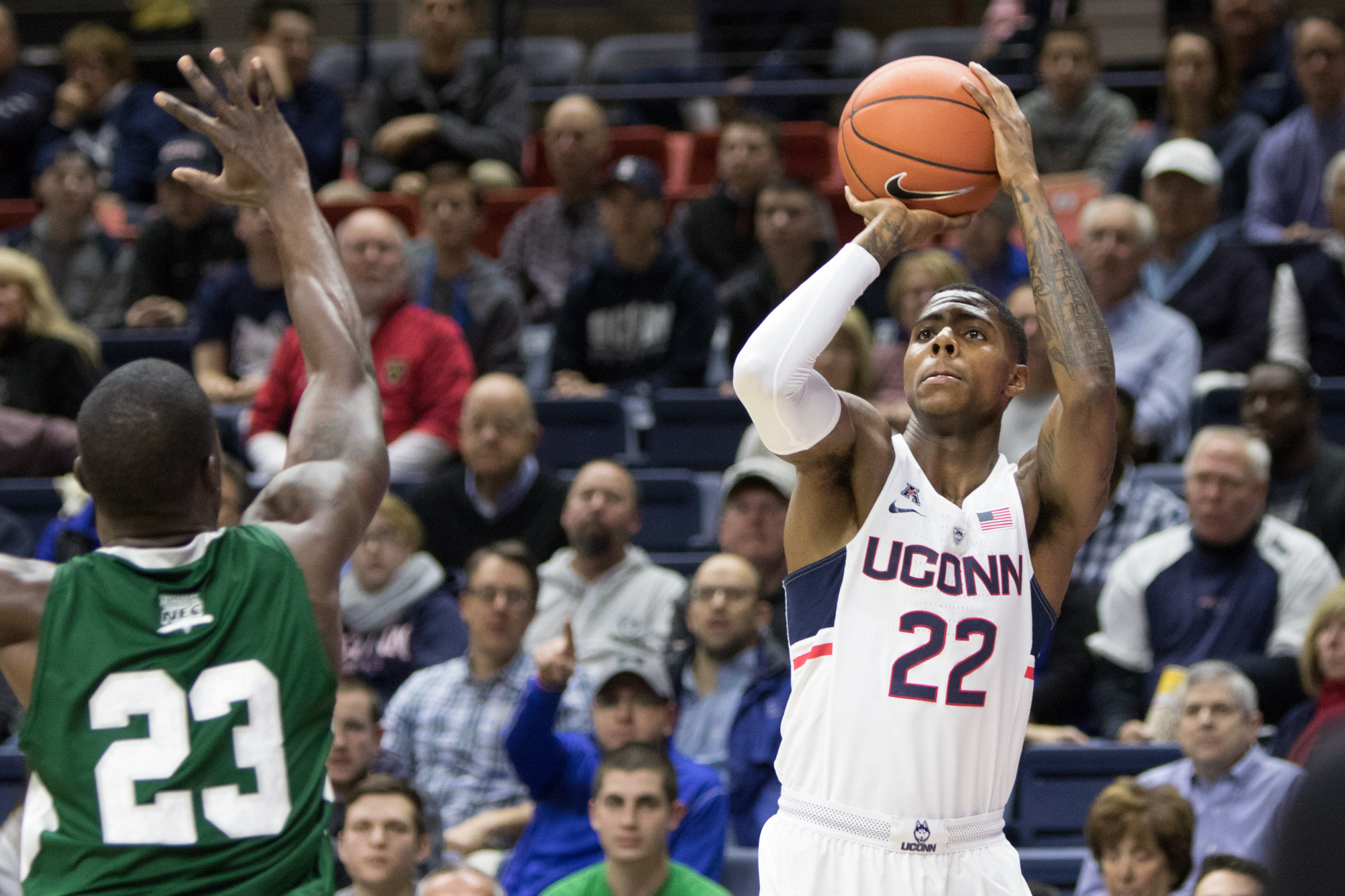 Redshirt sophomore Terry Larrier takes a shot during UConn's 67-58 loss on Friday, Nov. 11 at Gampel Pavilion. Larrier scored a team-high 19 points in his first game as a Husky. (Jackson Haigis/The Daily Campus)