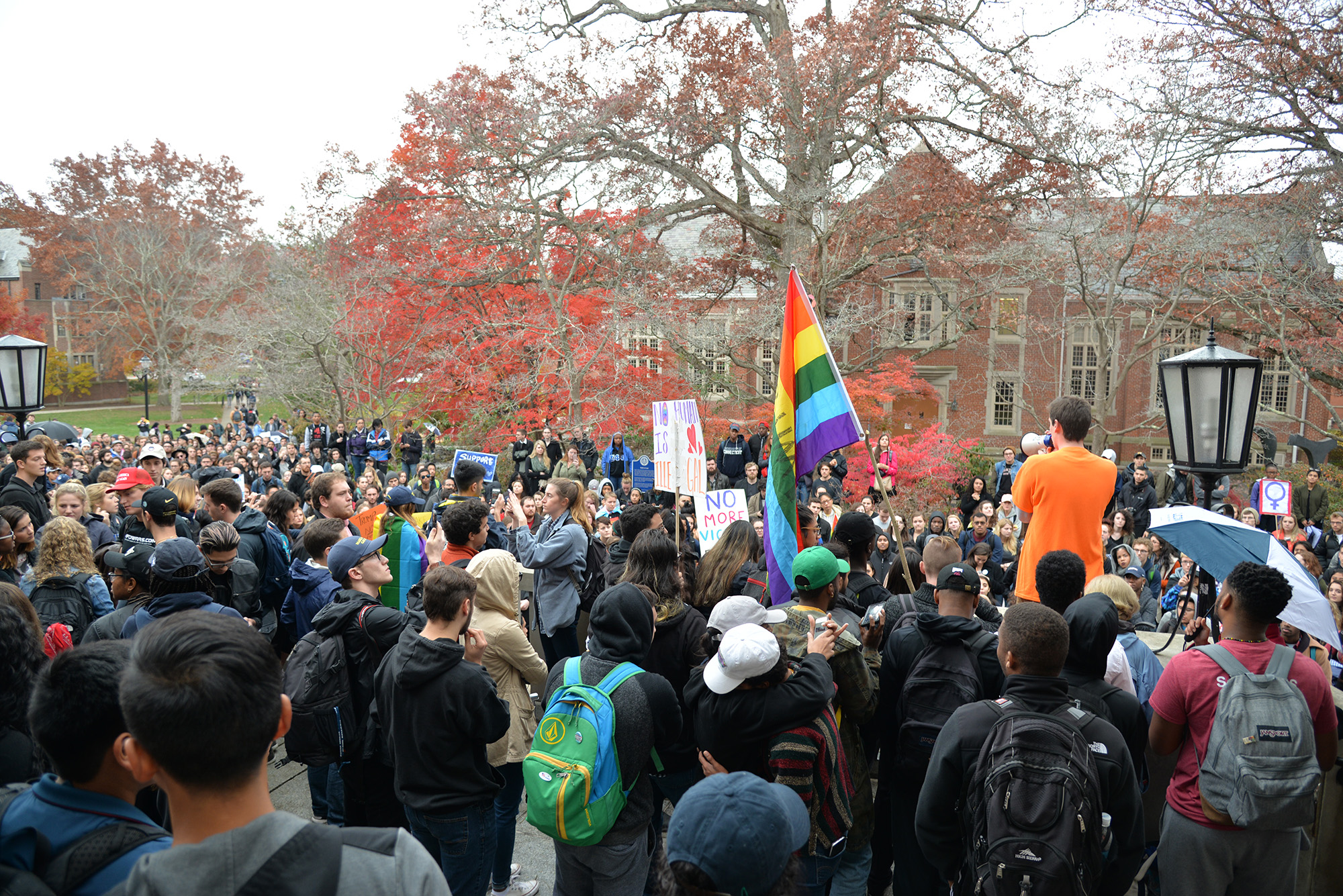 "Mr. Trump is not my President," was the rallying cry heard around campus on Nov. 8,2016, intermingled with emotional stories from students belonging to various minority groups on campus. Hundreds of students and other members of the UConn community gathered at Fairfield Way on Wednesday, November 9, to stage a nonviolent protest speaking out against the controversial candidacy and surprising election of President-elect Donald J. Trump. The group started at fairfield way and marched through campus before settling in front of Wilbur Cross. (Amar Batra/ The Daily Campus)