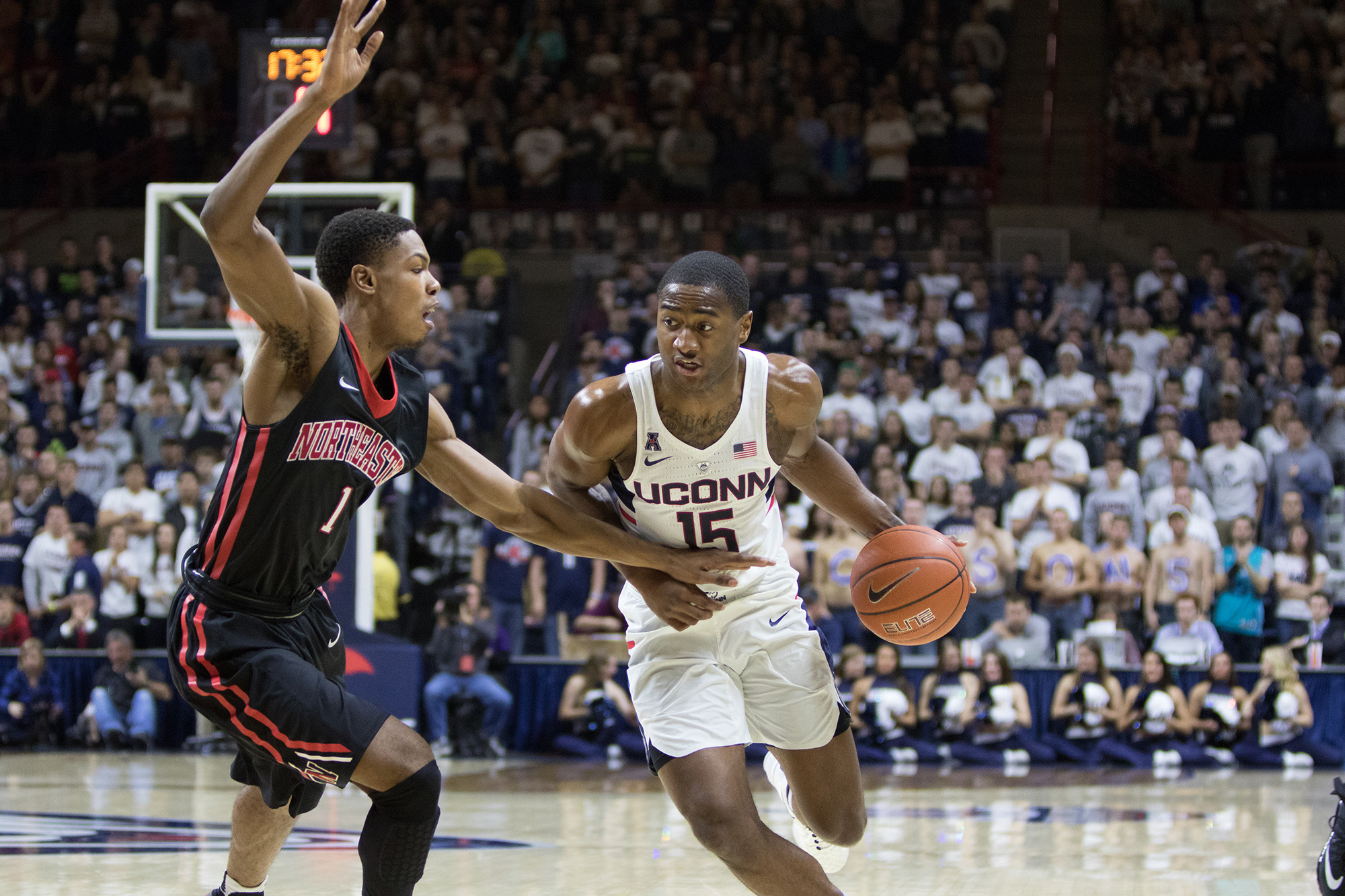 Pictured: Rodney Purvis, number 15 against Northeastern opponent. The UConn mens' basketball team fell to Northeastern 64-61 on Monday Nov. 14, 2016 at Gampel Pavilion in Storrs. Terry Larrier scored 17 points for the Huskies. (Jackson Haigis/ The Daily Campus)
