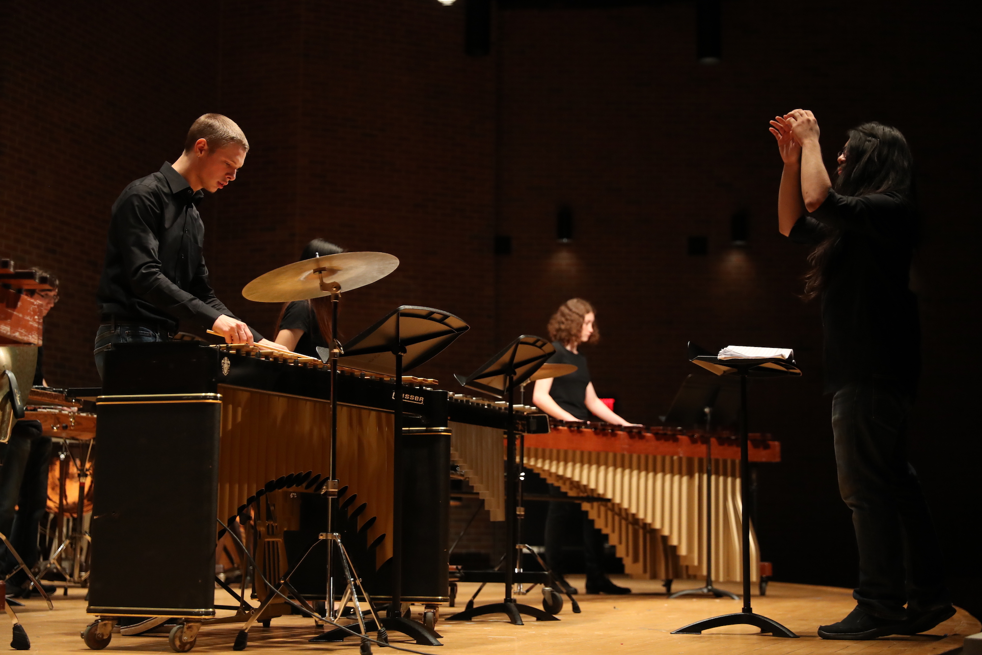 The UConn Percussion Ensemble, directed by Robert McEwan, performs several orchestral percussion arrangements for their winter concert in the Von Der Mehden Recital Hall at the UConn Storrs Campus on Tuesday, Nov. 29, 2016. (Owen Bonaventura/The Daily Campus)
