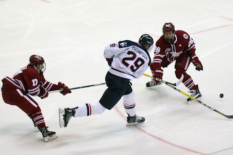 Tage Thompson takes a shot during UConn's victory over UMass on Friday December 9, at the XL Center in Hartford, Conn. (Ian Bethune/The UConn Blog)