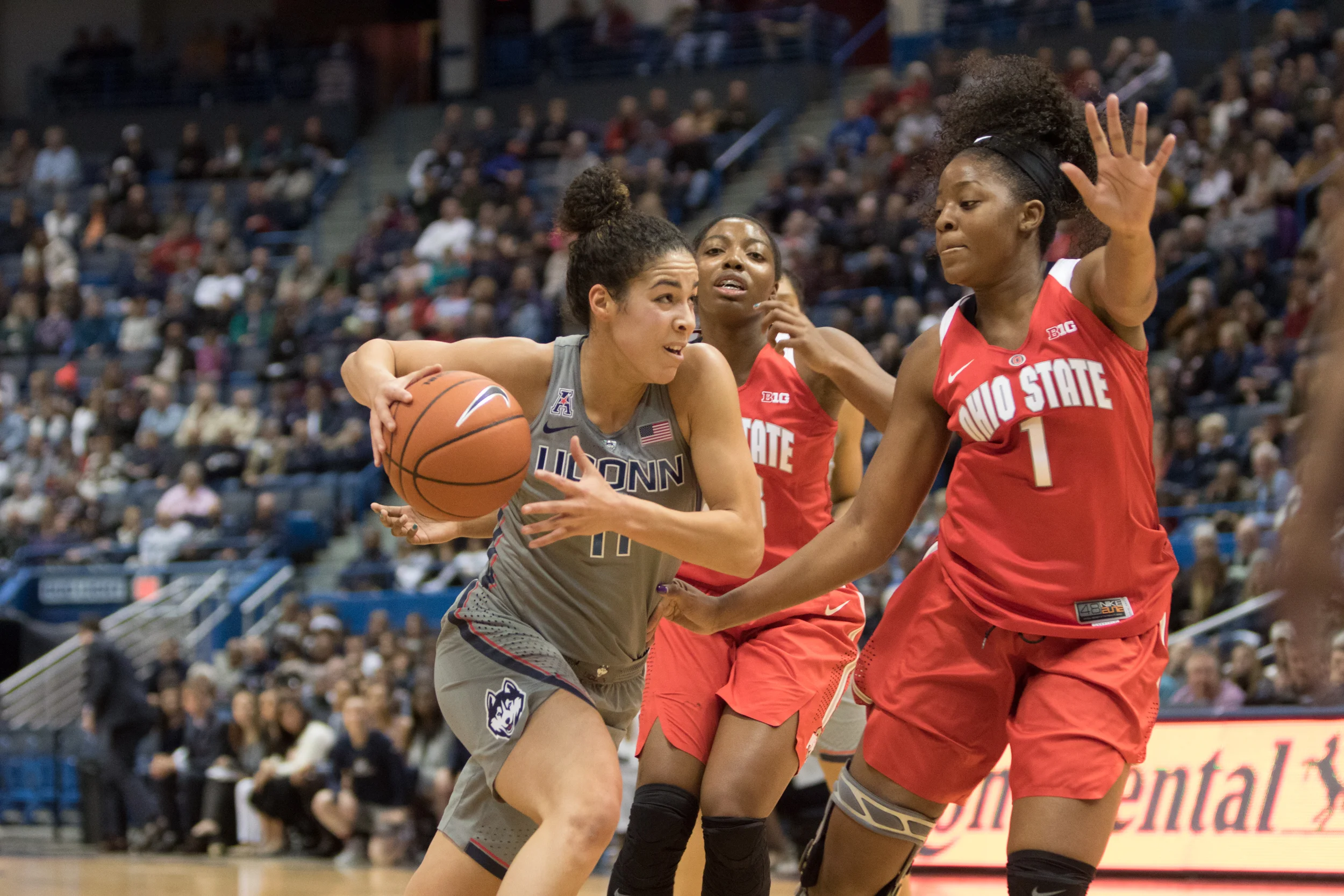 Kia Nurse goes up against Ohio State defenders in a game at the XL Center on Monday, Dec. 19. Nurse and the rest of the Huskies will put their 86-game winning streak on the line when they take on fellow undefeated team Maryland on Thursday, Dec. 29 in College Park, Maryland. (Jackson Haigis/The Daily Campus)