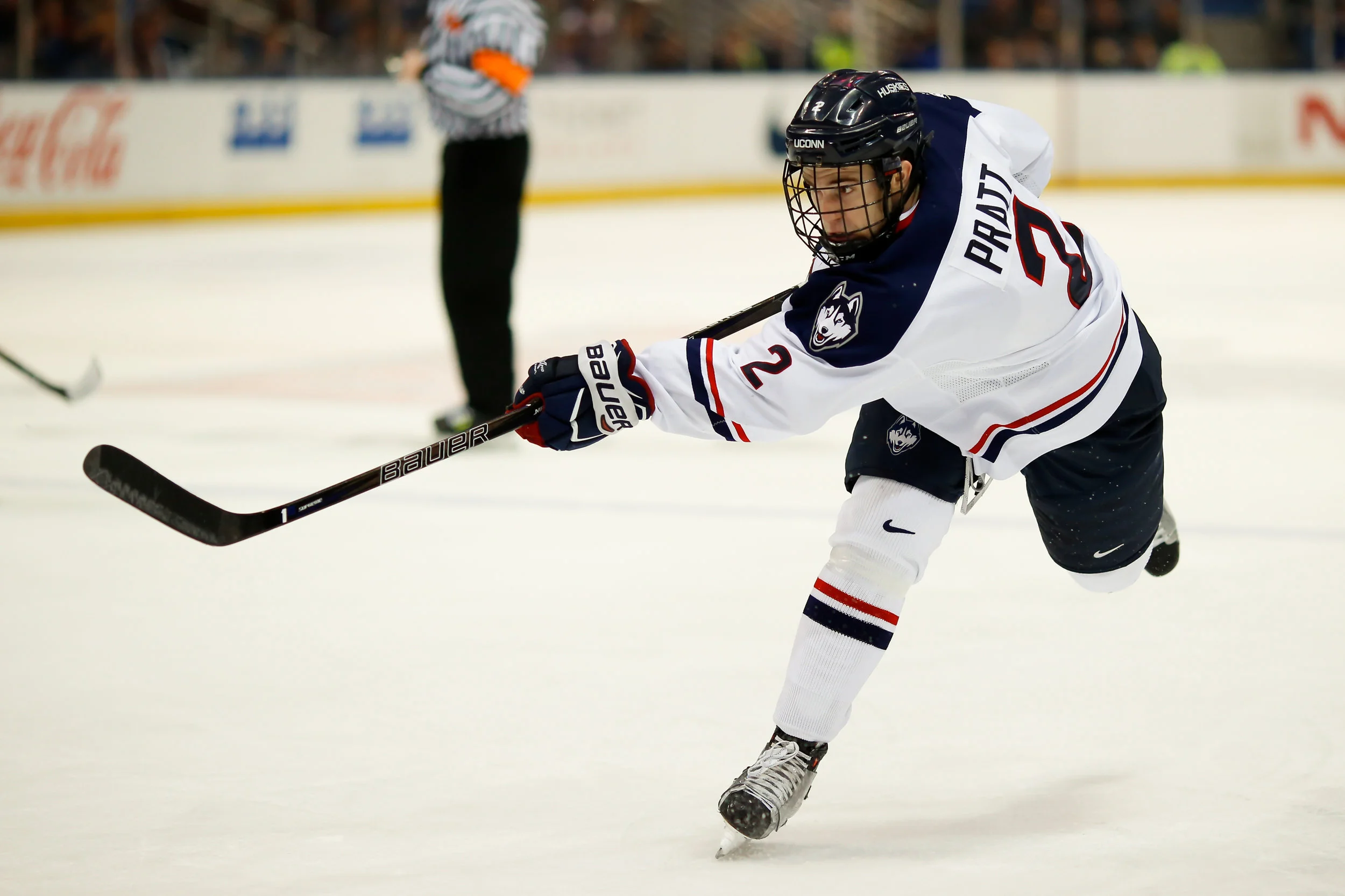 UConn's Derek Pratt takes a shot in the Huskies' 2-1 loss to Boston University on Nov. 18, 2016 at the XL Center in Hartford, Connecticut. (Tyler Benton/The Daily Campus)