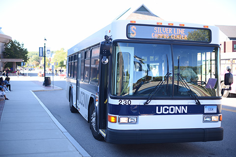 UConn bus stops outside the Co-op. The U.S Department of Transportation's Federal Moto Carrier Safety Administration has updated their minimum required training for bus operators. (Zhelun Lang/ The Daily Campus)