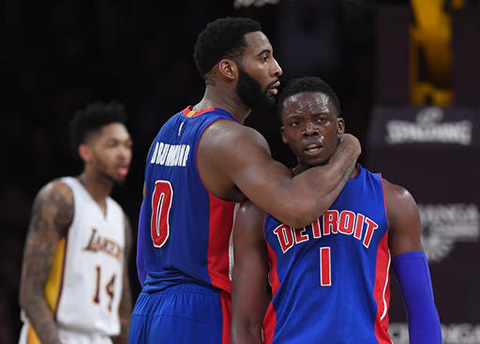 Detroit Pistons guard Reggie Jackson, of Italy, gets a hug from center Andre Drummond, center, after scoring as Los Angeles Lakers forward Brandon Ingram stands in the background during the second half of an NBA basketball game, Sunday, Jan. 15, 2017, in Los Angeles. The Pistons won 102-97. (Mark J. Terrill/AP)