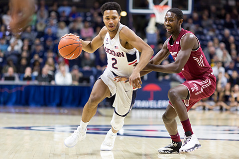 Pictured: UConn's Jalen Adams (number 2) vs a Temple opponent at their Jan. 11, 2017 game at Gampel Pavillion. Huskies won 73-59. Their next challenge is against SMU on Thursday Jan. 19, 2017. (Tyler Benton/ The Daily Campus)