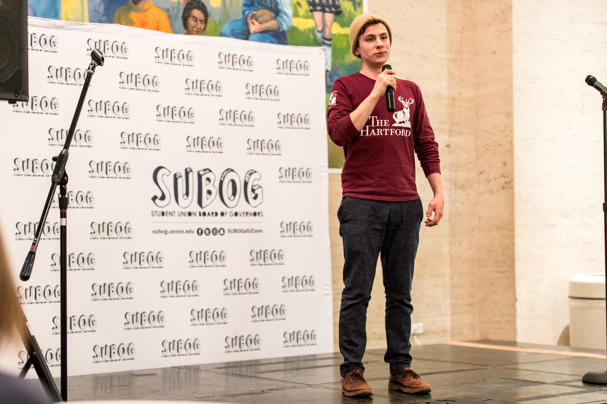 UConn student Scott Bosco (9th semester Biology major) performs stand-up comedy for the SUBOG Open Mic night in the North Lobby of the UConn Student Union in Storrs, CT on Wednesday, Jan 25, 2017. (Owen Bonaventura/The Daily Campus)