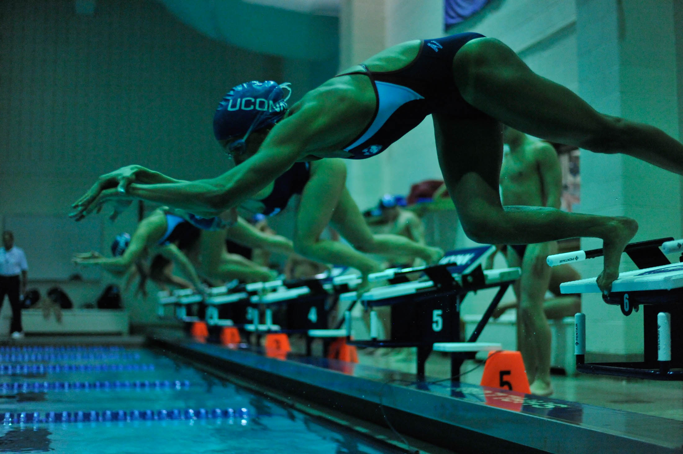 Members of the UConn swim team start a race on Jan. 20, 2017. (Jason Jiang/The Daily Campus)
