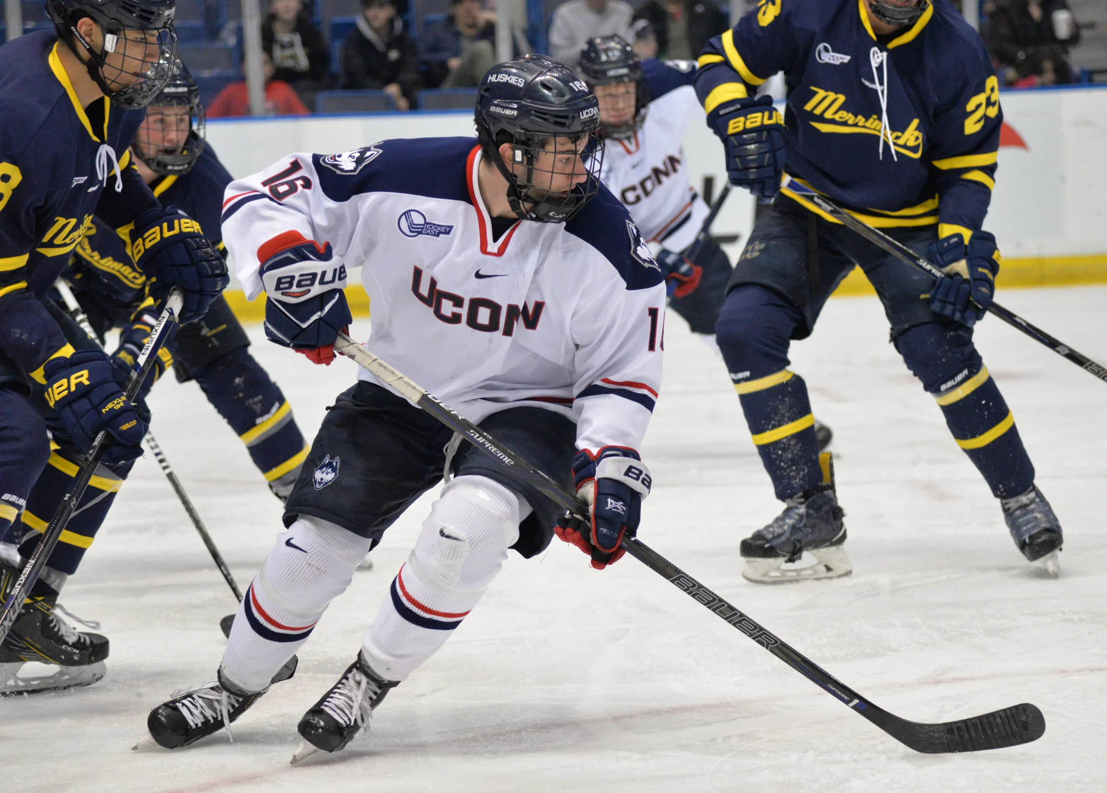Karl El-Mir looks for a pass in Saturday's game against Merrimack. The Huskies tied the Warriors 2-2 at the XL Center. (Amar Batra/The Daily Campus)