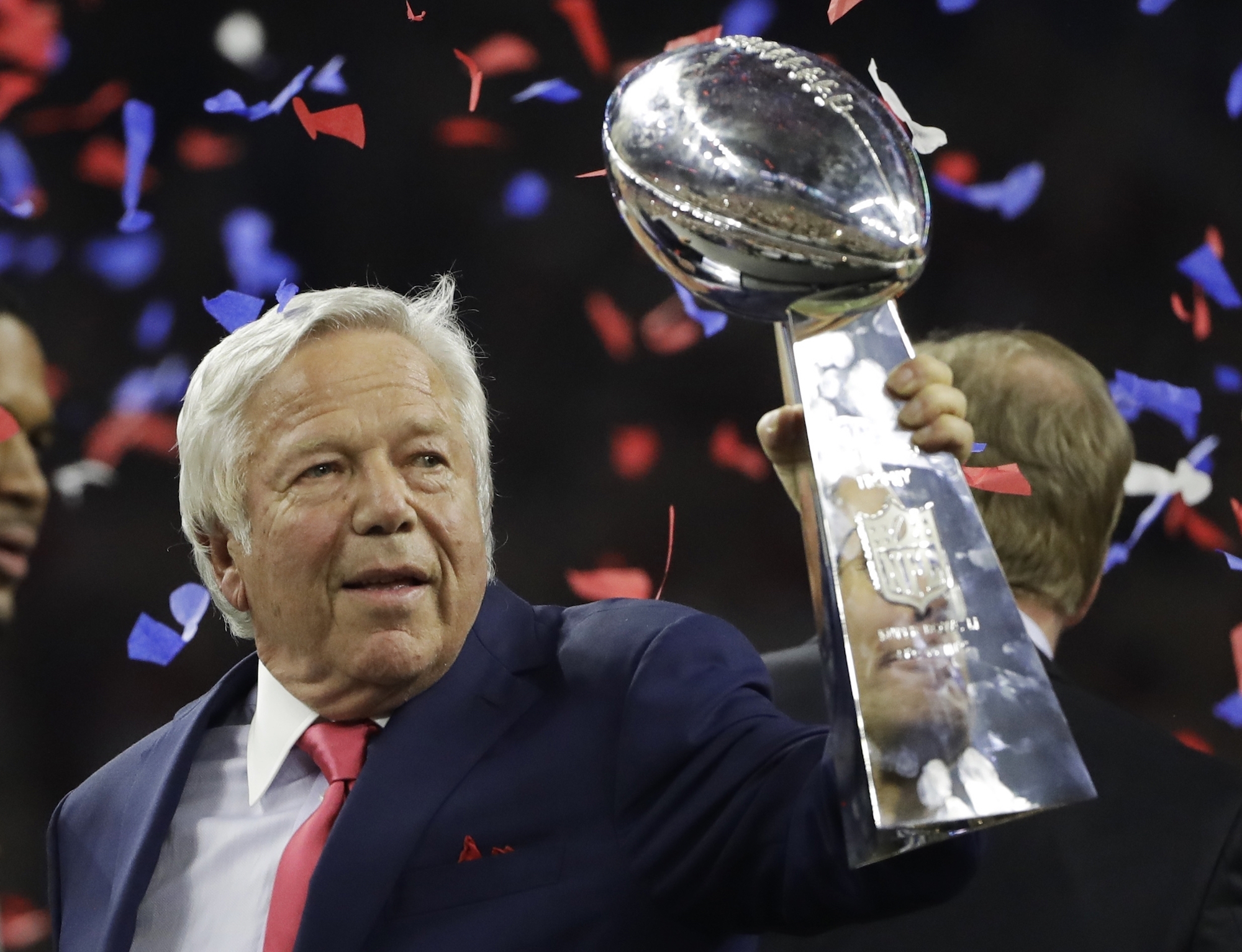 New England Patriots owner Robert Kraft holds the the Vince Lombardi Trophy after the Patriots won the NFL Super Bowl 51 football game against the Atlanta Falcons, Sunday, Feb. 5, 2017, in Houston. (Elise Amendola/AP Exchange)