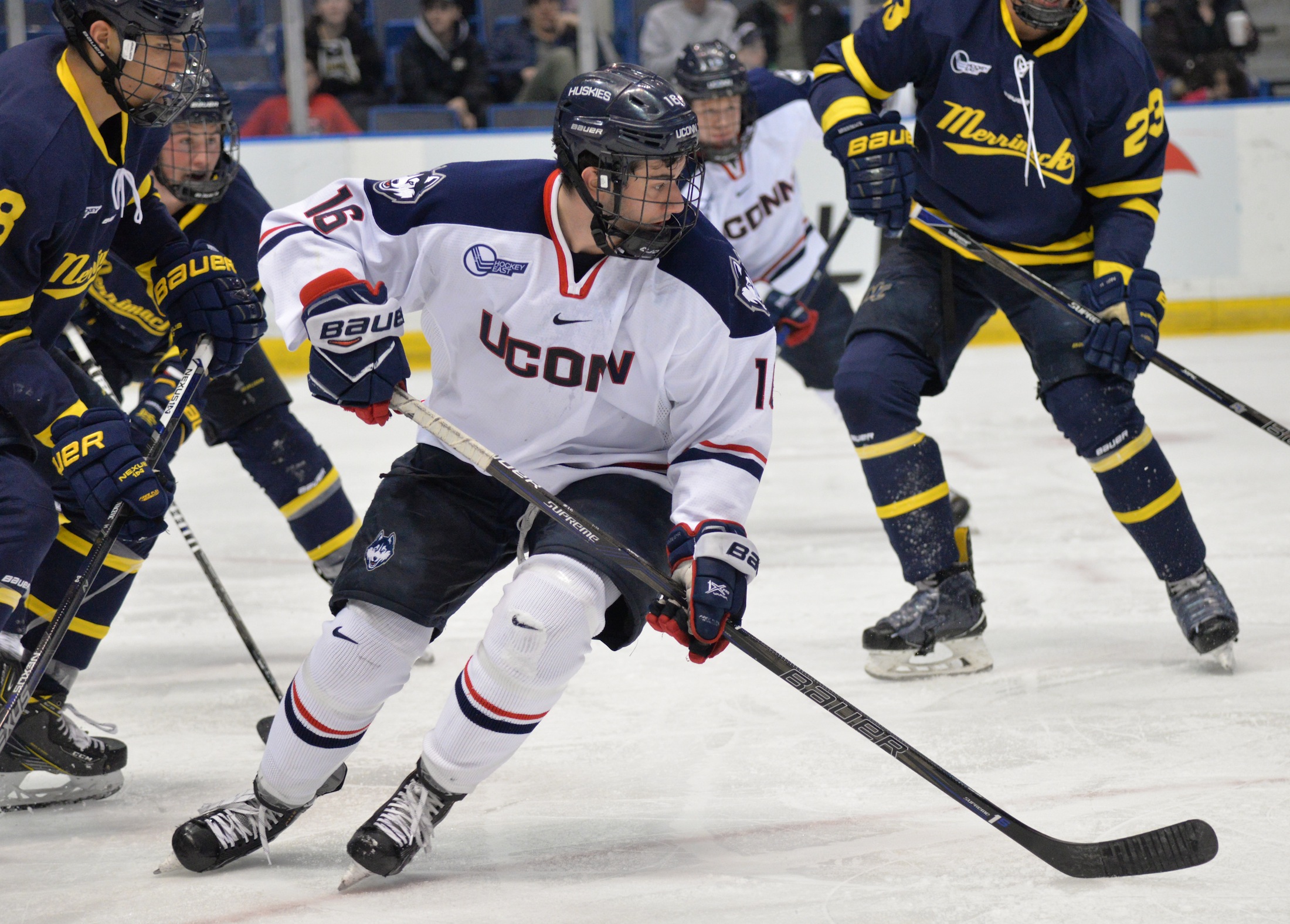 Karl El-Mir looks for the puck in the Huskies' February 4th game against Merrimack at the XL Center. (Amar Batra/The Daily Campus)