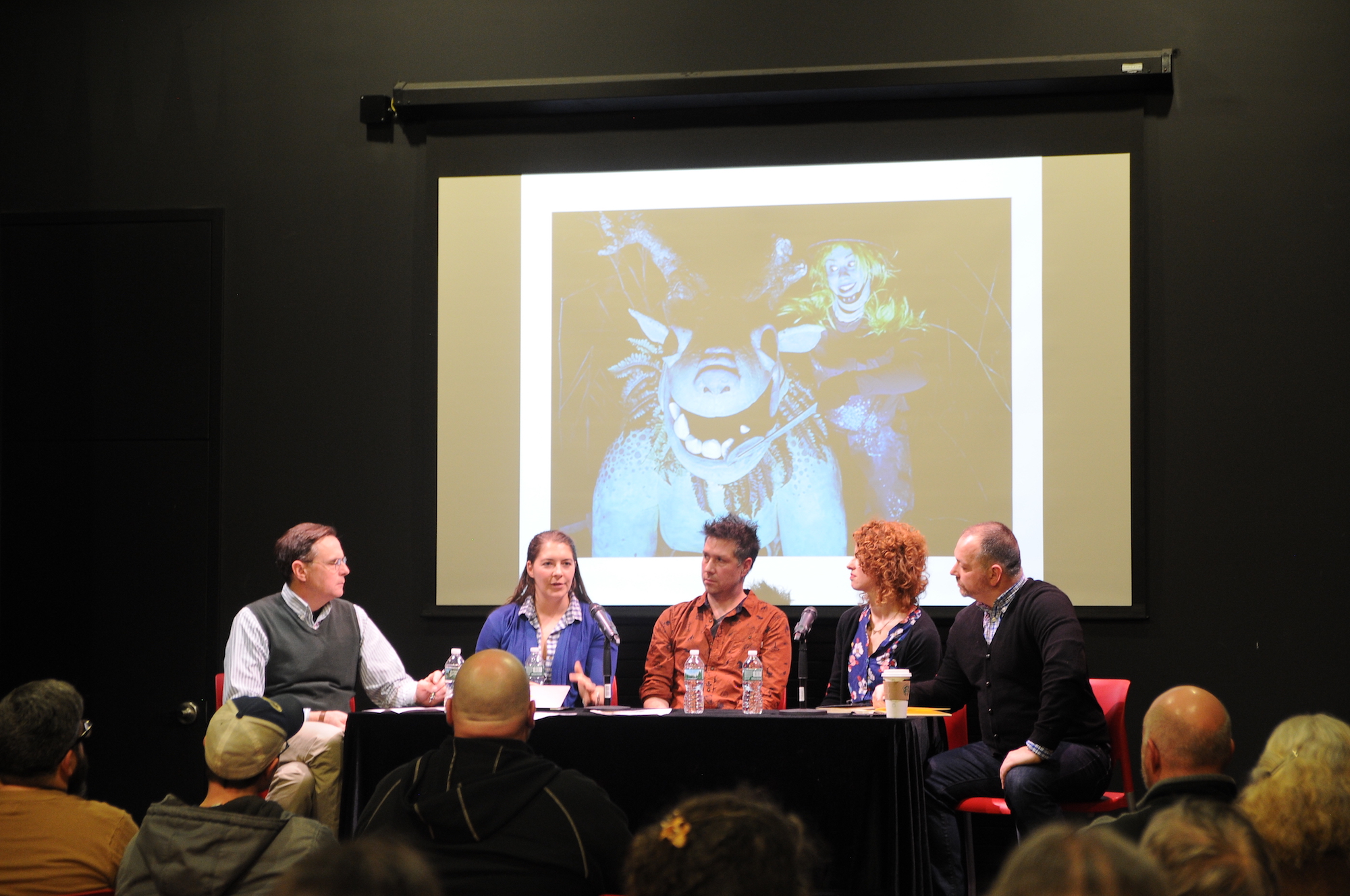 Forum hosted by Dr. John Bell discussing the business of puppetry with guest speakers Bonnie Duncan, Roxie Myhrum, Matt Acheson, and guest facilitator Dale Edwards. (Jordan Richardson/The Daily Campus)