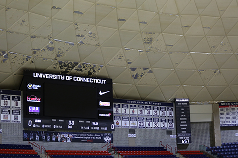 Interior roof of Gampel Pavilion deteriorates throughout the basketball season. The University plans to renovate the roof in May. (Tyler Benton/ The Daily Campus)