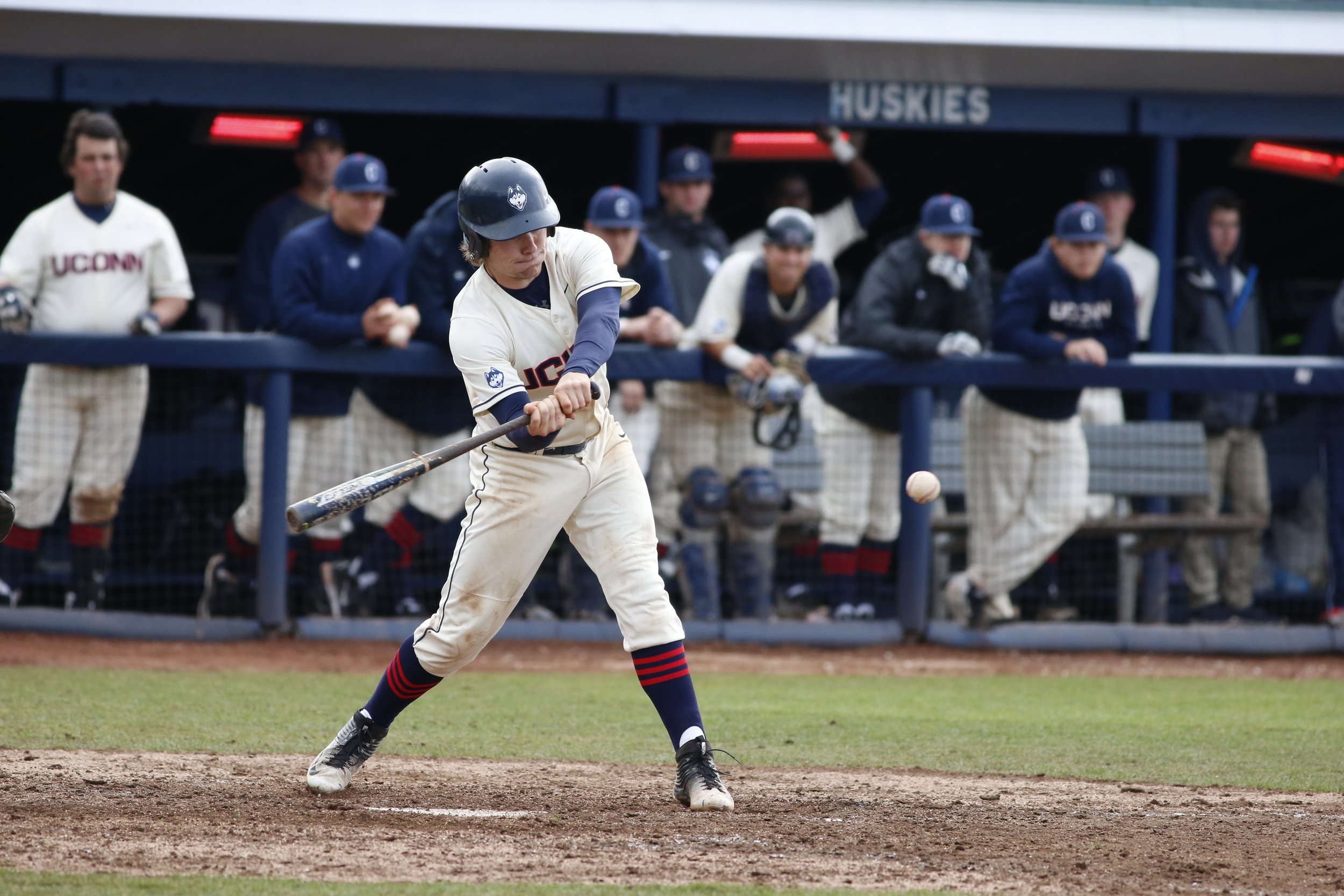 Willy Yahn swings the bat during the Huskies' 14-9 loss to Tulane on Saturday, April 2, 2016. Yahn is expected to miss 4-5 weeks after re-injuring his right hand. (Tyler Benton/The Daily Campus)