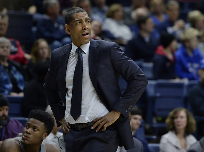 Connecticut coach Kevin Ollie reacts during the first half of the team's NCAA college basketball game against South Florida, Wednesday, Feb. 8, 2017, in Storrs, Conn. (AP Photo/Jessica Hill)