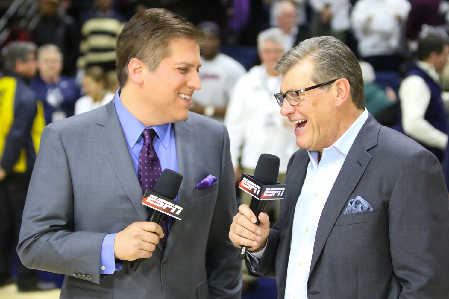 Geno Auriemma was all smiles while being interviewed by ESPN’s Steve Levy after the game. (Jackson Haigis/The Daily Campus)