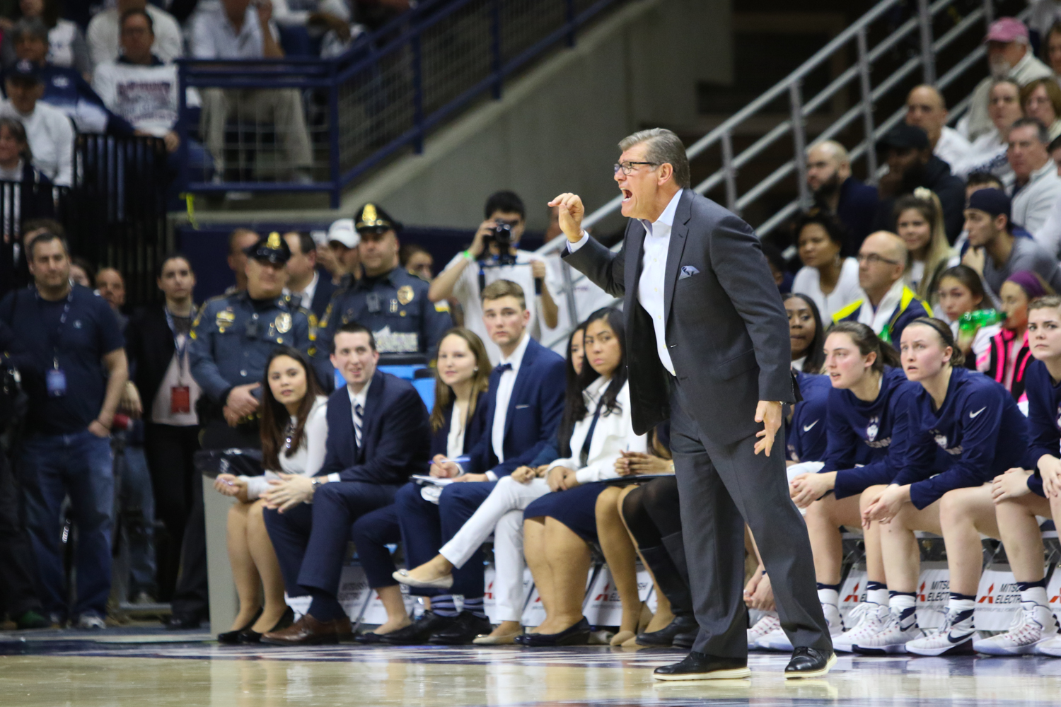 Geno Auriemma reacts to a call in the first half of UConn's victory over South Caroline on Monday, February 13th. (Jackson Haigis/The Daily Campus)