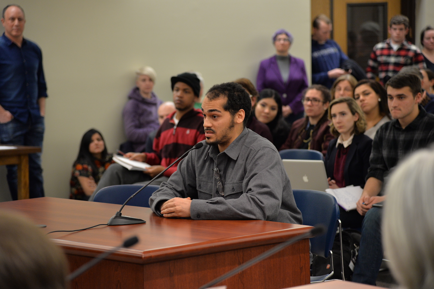The Mansfield town council votes to make Mansfield a sanctuary city during their weekly meeting on Tuesday, Feb. 14, 2017. The policy was passed after much support from town members, including Miles Wilkeson (pictured here). (Amar Batra/The Daily Campus)