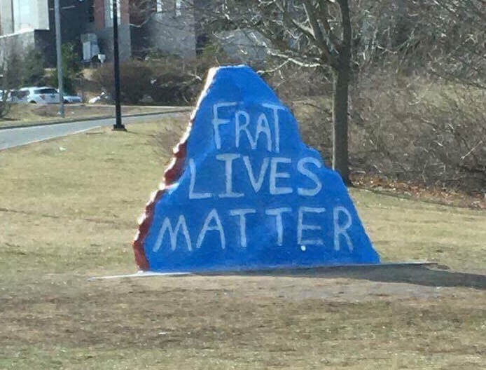 The rock beside North Garage was painted "Frat Lives Matter" on the night on Feb. 27, 2017, a few days after several members of Kappa Sigma fraternity were arrested for serving alcohol to minors in the case of Jeffny Pally. (Contributed Photo/The Daily Campus)