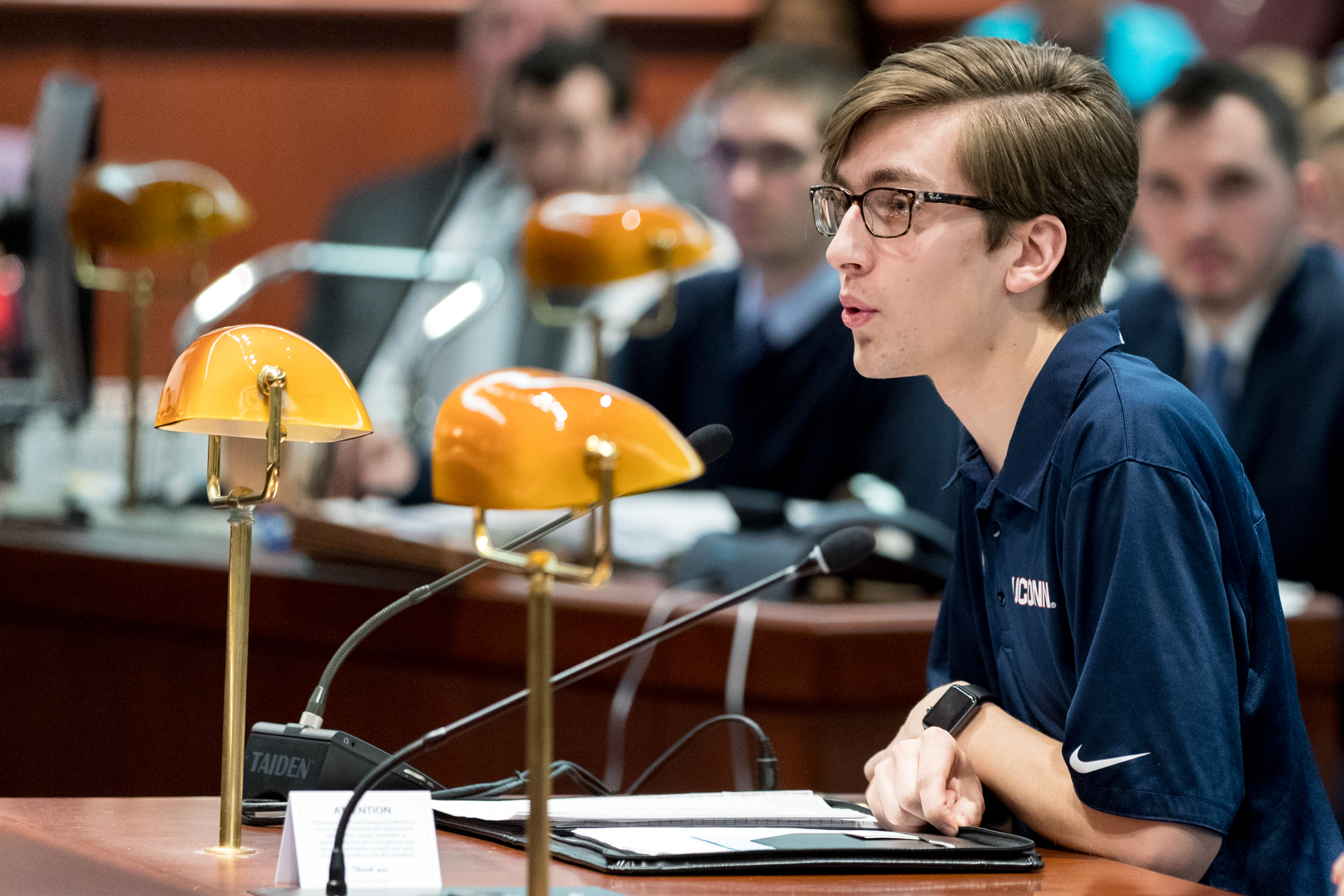 USG president Daniel Byrd speaks at the state capitol in front of the state appropriations committee to urge the state to not cut funding to UConn on Wednesday, Feb. 15, 2017. (Owen Bonaventura/The Daily Campus)