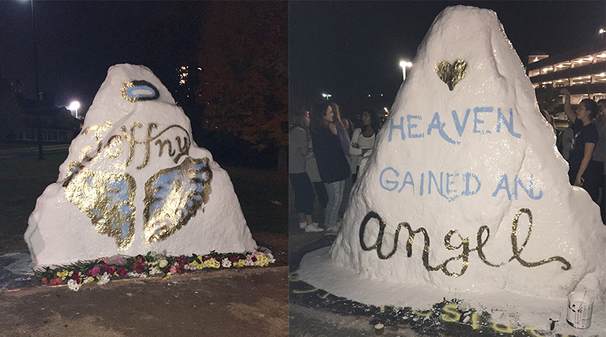 Friends of Pally's painted the rock across from the North Parking Garage on Monday night and left flowers. The front reads "Jeffny" with two angel wings and the back reads "Heaven gained an angel." (Contributed Photo)