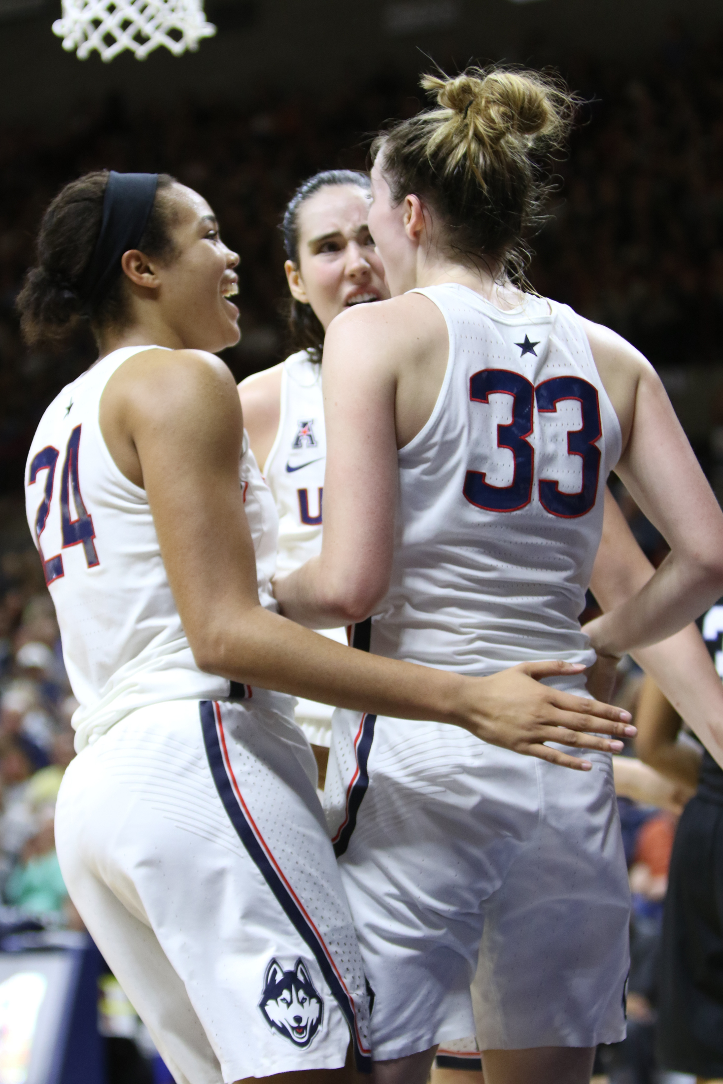 Sophomores Napheesa Collier (24) and Katie Lou Samuelson (33) earned top honors this season being named unanimously as first team all-conference members. (Jackson Haigis/The Daily Campus)