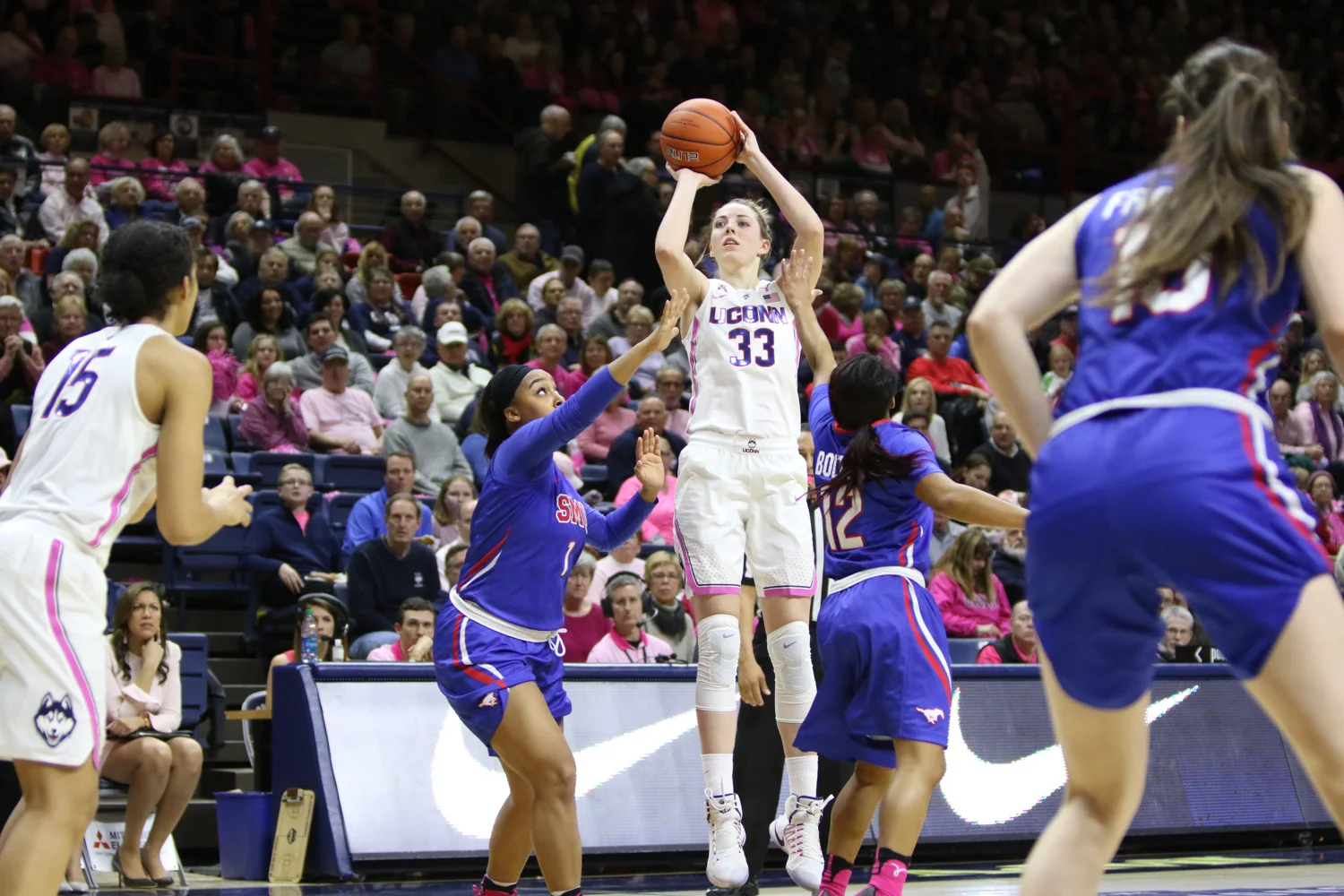 UConn's Katie Lou Samuelson spots up for a three-pointer during the second half of the Huskies' 83-41 win over SMU. Samuelson and teammate Napheesa Collier were named American Athletic Conference Co-Players of the Year on Friday, March 3. (Jackson Haigis/The Daily Campus)